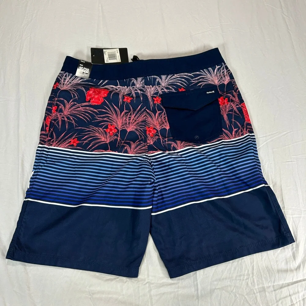 Hurley Boys Board Shorts Midnight Navy Floral Striped Swim‎ Trunks Size 16 28W